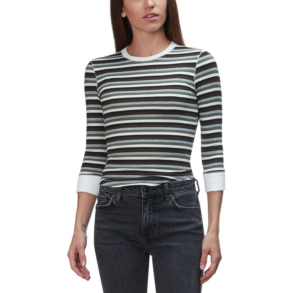 NWT Free People Good on You Army Green Stripe Round Hem Ribbed Tee Top